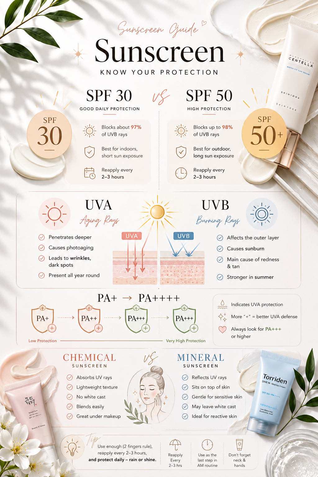 Infographic explaining SPF ratings, PA protection levels, and the difference between chemical and mineral sunscreen.