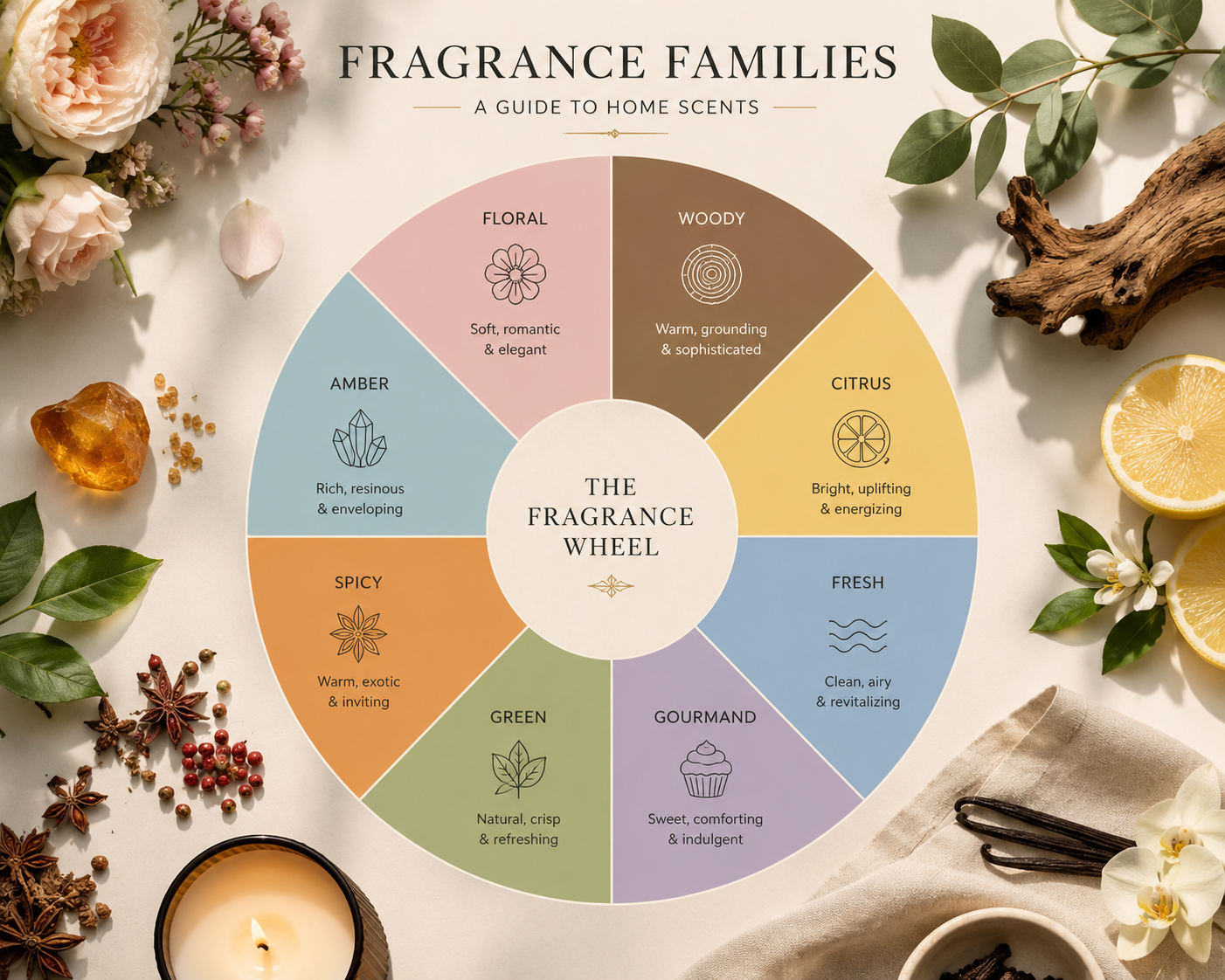 Illustration showing the main fragrance families used in home fragrance.