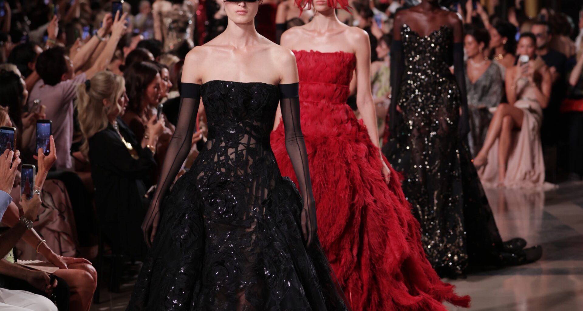 Elie Saab Haute Couture Fall/Winter 2026/2027 runway in Paris with feathered gowns and eveningwear