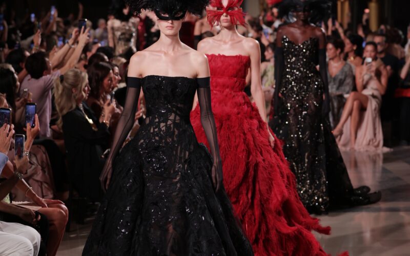 Elie Saab Haute Couture Fall/Winter 2026/2027 runway in Paris with feathered gowns and eveningwear
