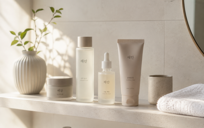 Korean skincare products arranged on a minimalist bathroom shelf.