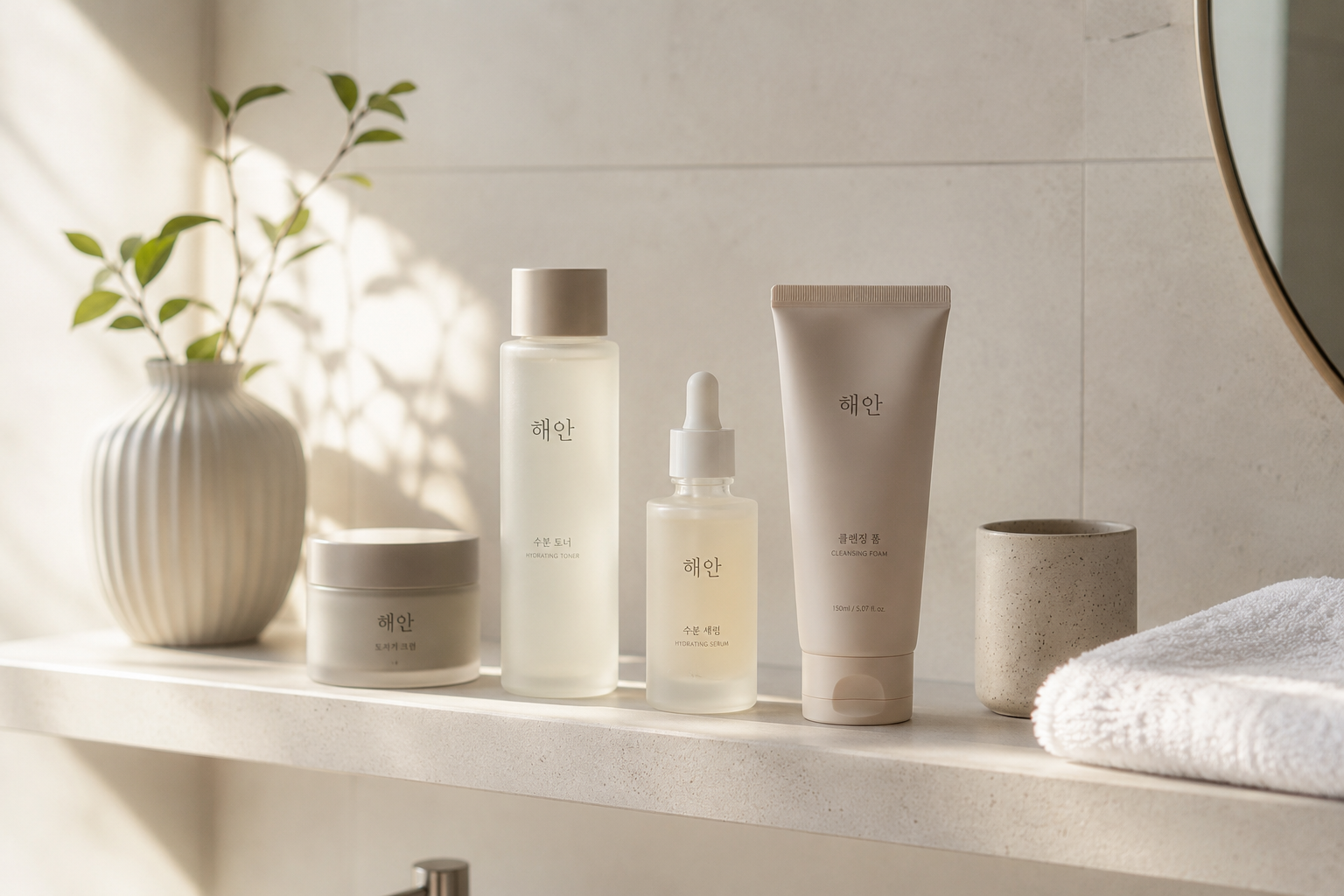 Korean skincare products arranged on a minimalist bathroom shelf.