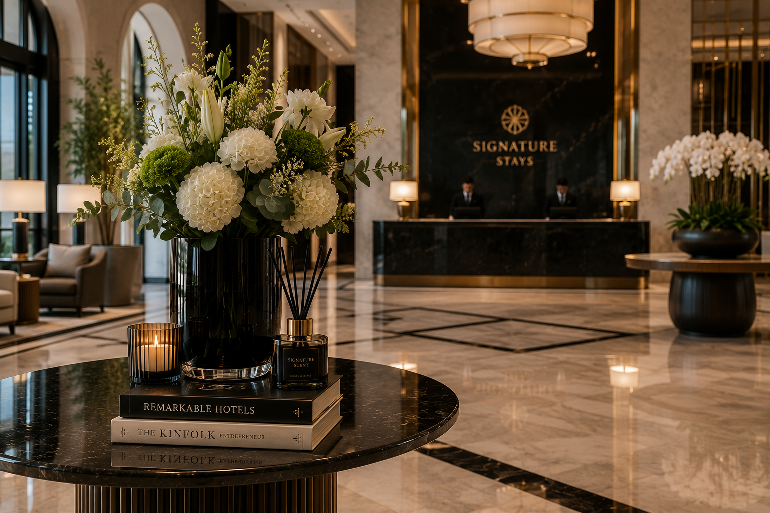 Luxury hotel lobby designed around signature home fragrance and sensory experience.