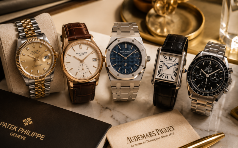 Best luxury watch brands displayed on a refined leather surface.