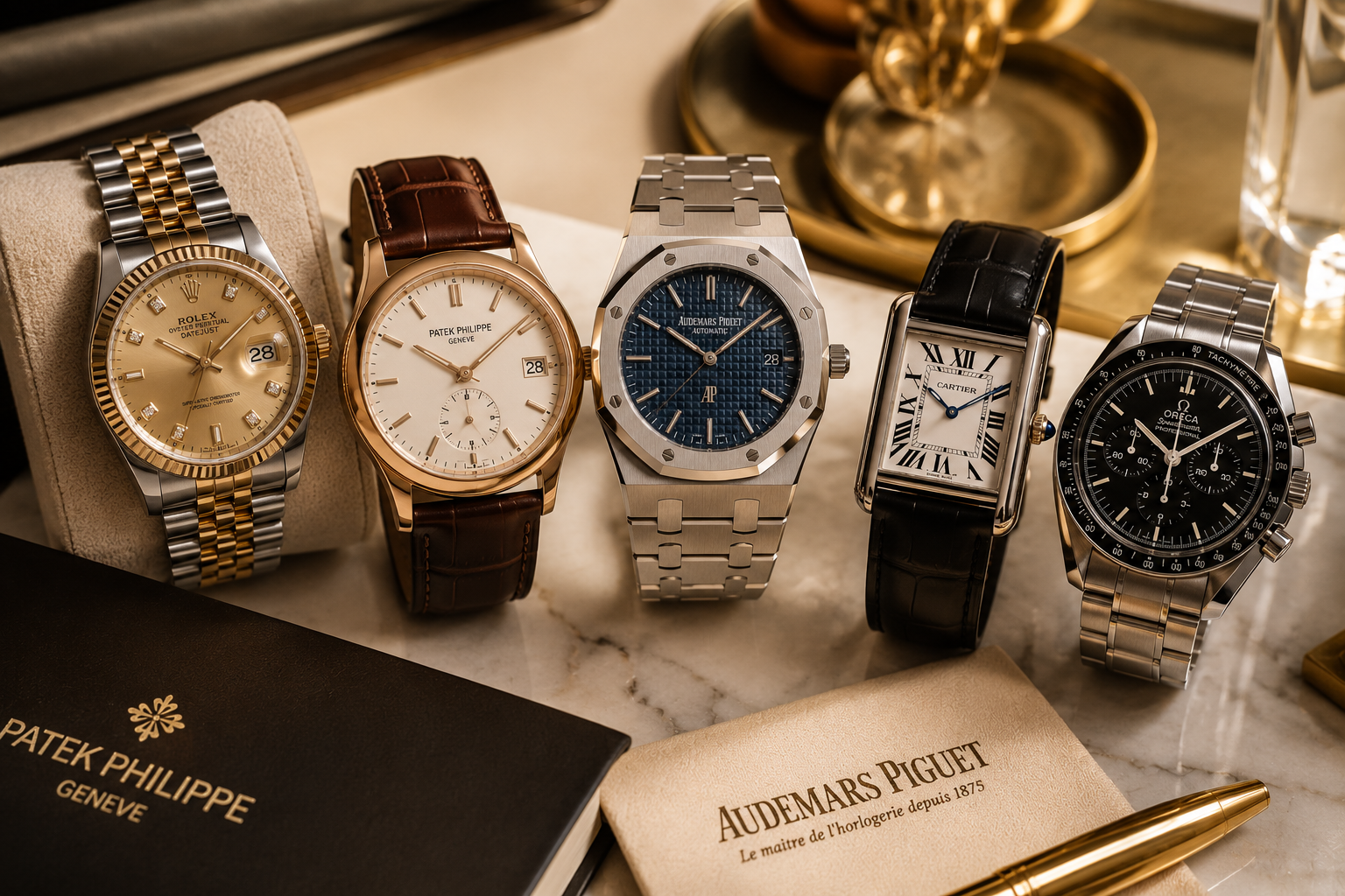 Best luxury watch brands displayed on a refined leather surface.