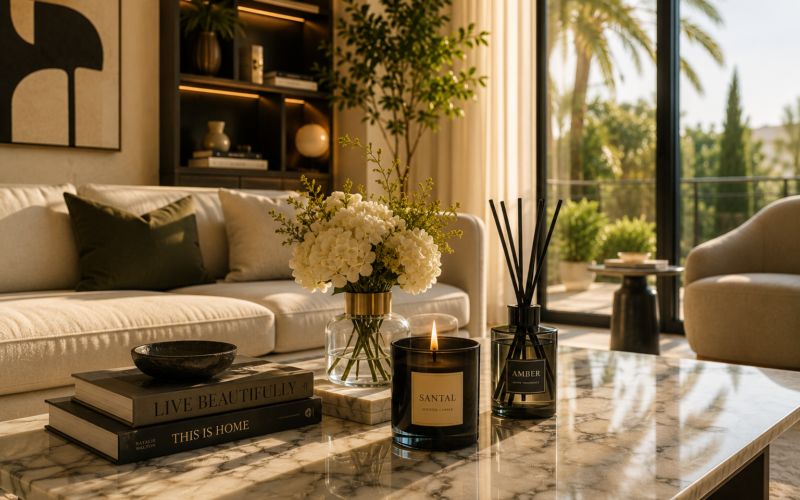 العطور المنزلية الفاخرة داخل غرفة معيشة أنيقة.