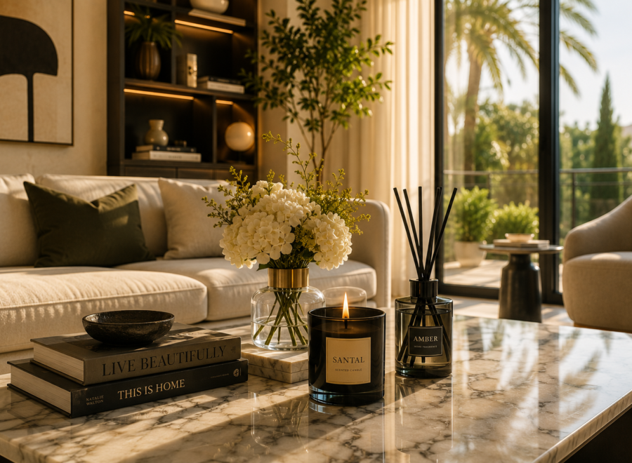 العطور المنزلية الفاخرة داخل غرفة معيشة أنيقة.