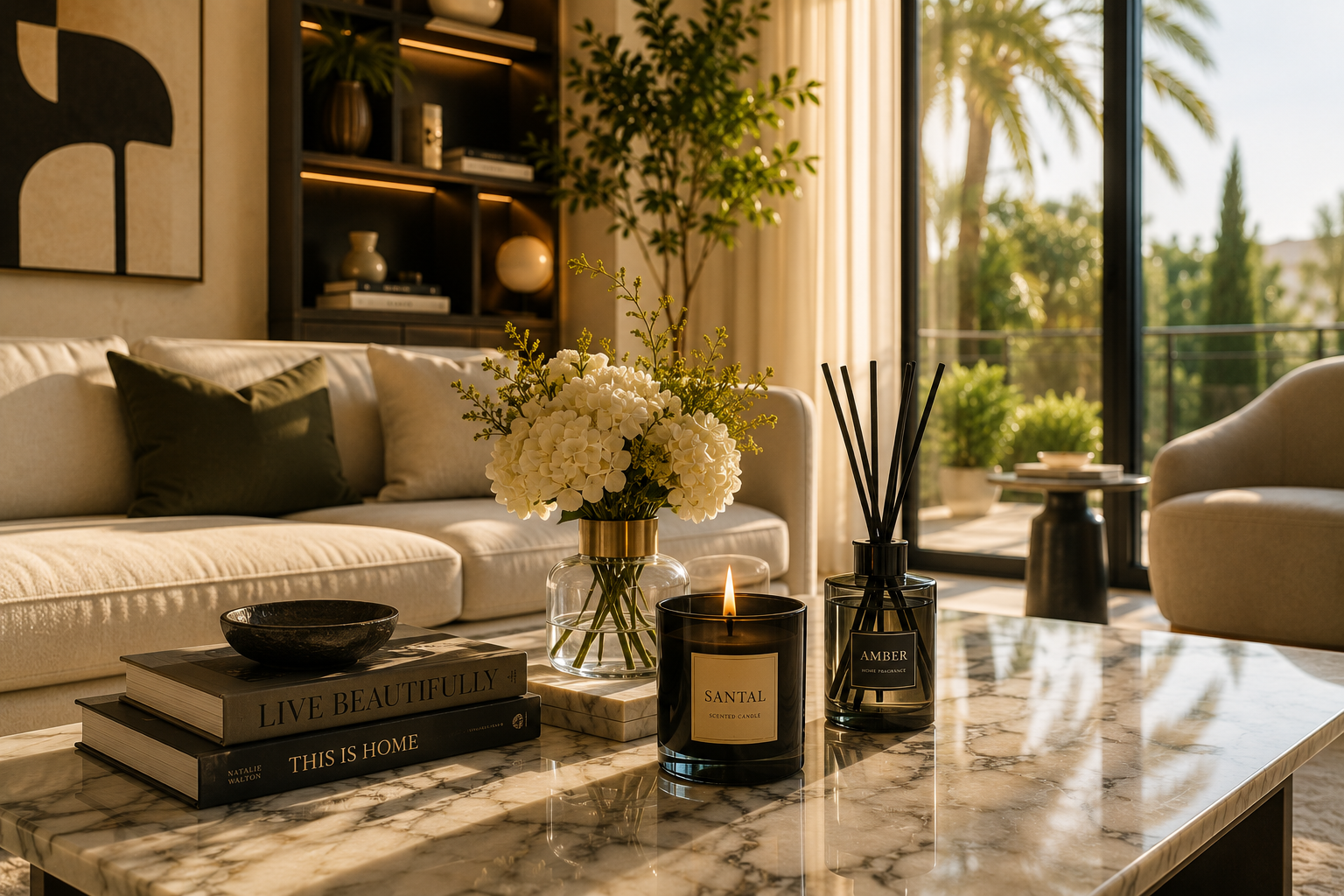 العطور المنزلية الفاخرة داخل غرفة معيشة أنيقة.