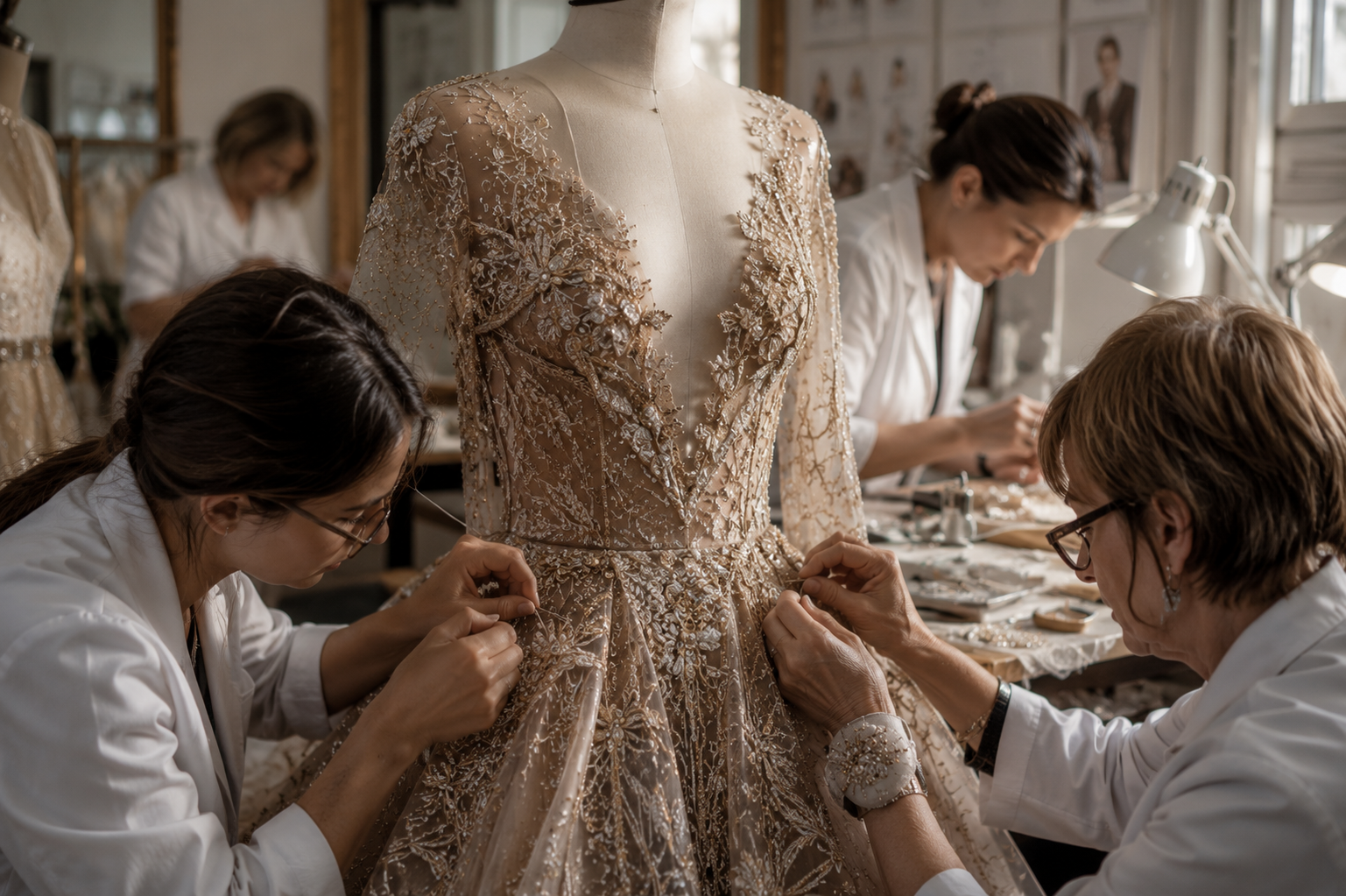 Fashion artisan hand-embroidering a haute couture garment.