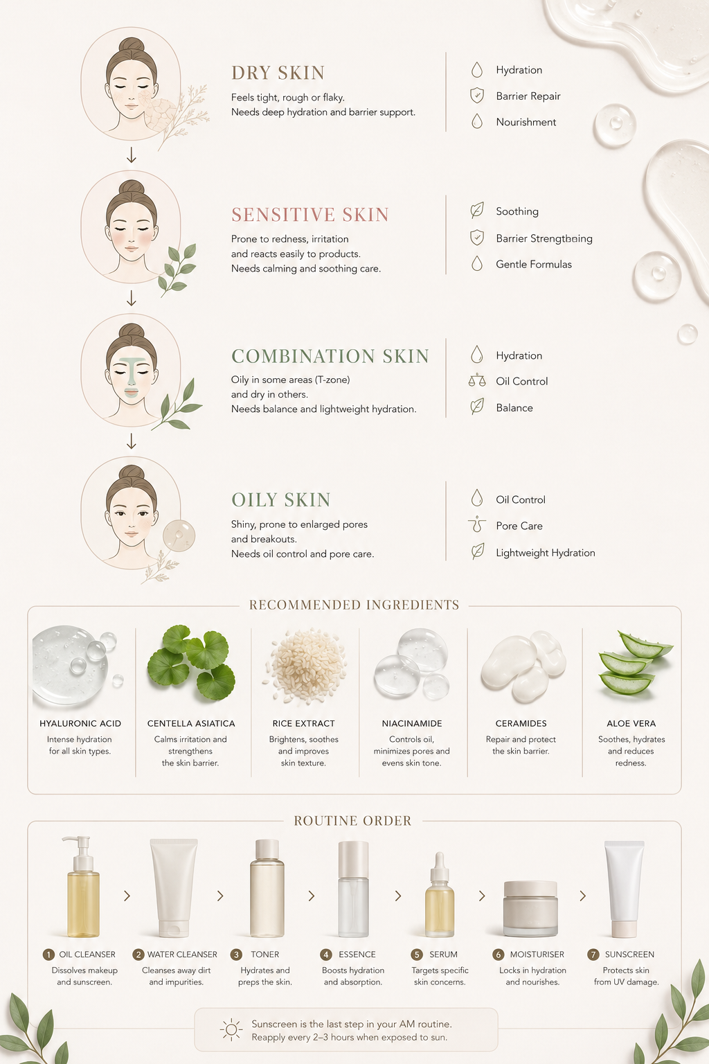 Korean Skincare Guide infographic for different skin types.