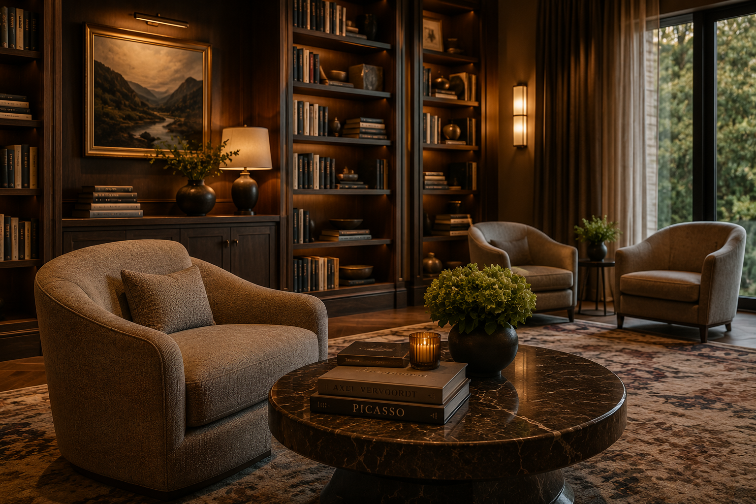 Luxury library interior designed for quiet reading and reflection.