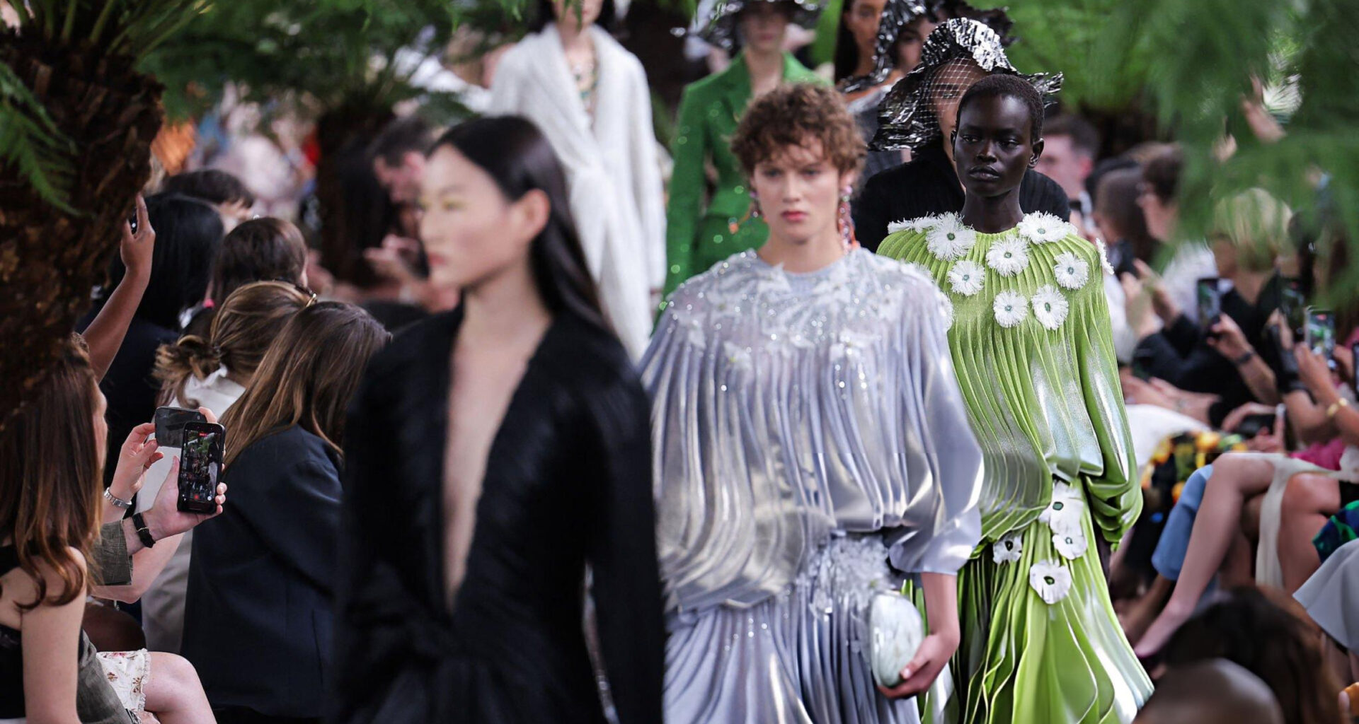 Christian Dior Haute Couture Fall/Winter 2026/2027 runway at Paris Fashion Week with floral couture silhouettes