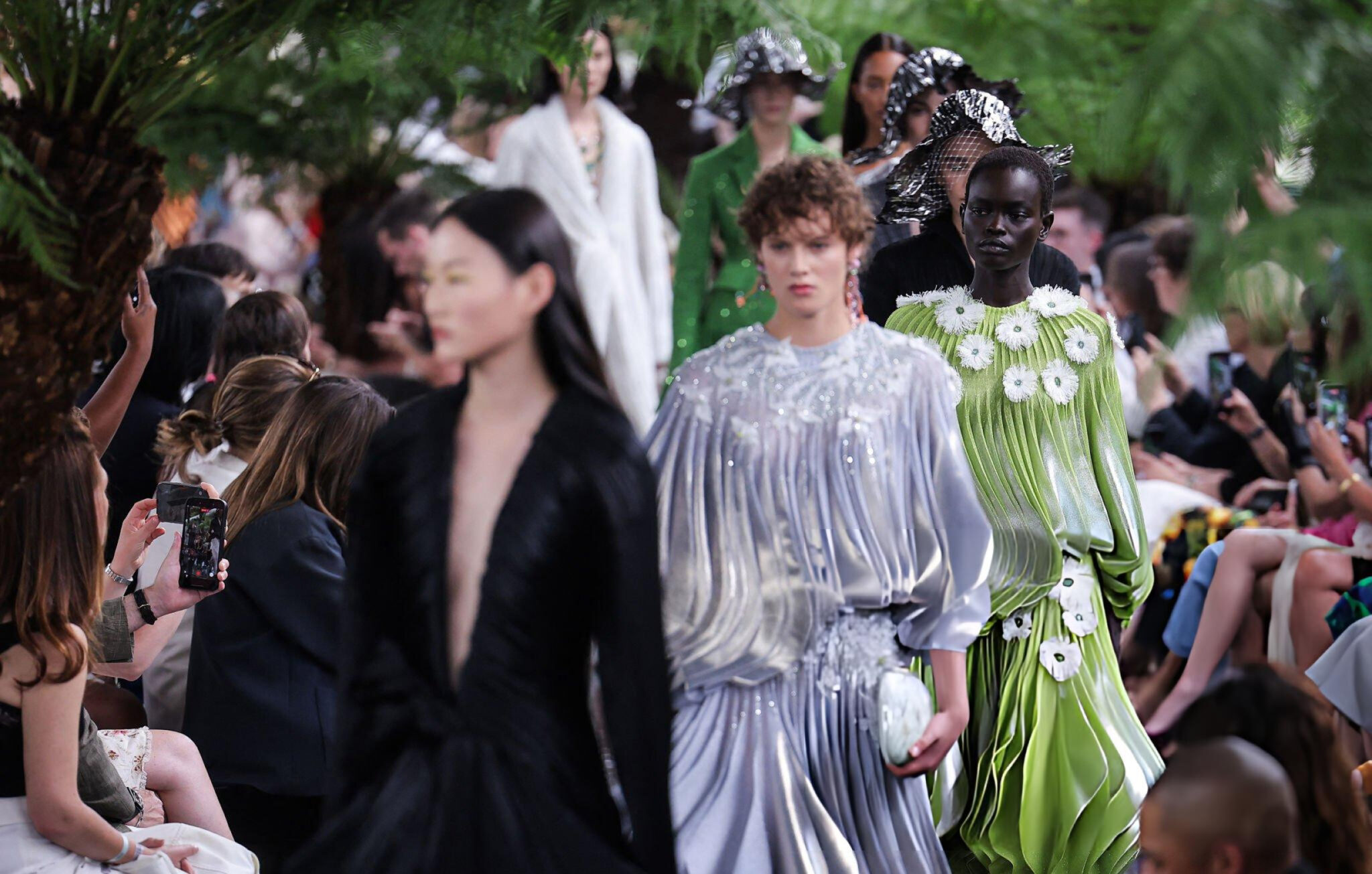 Christian Dior Haute Couture Fall/Winter 2026/2027 runway at Paris Fashion Week with floral couture silhouettes