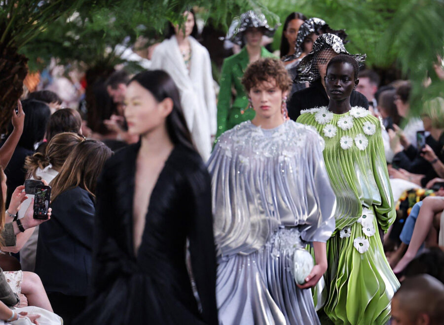 Christian Dior Haute Couture Fall/Winter 2026/2027 runway at Paris Fashion Week with floral couture silhouettes